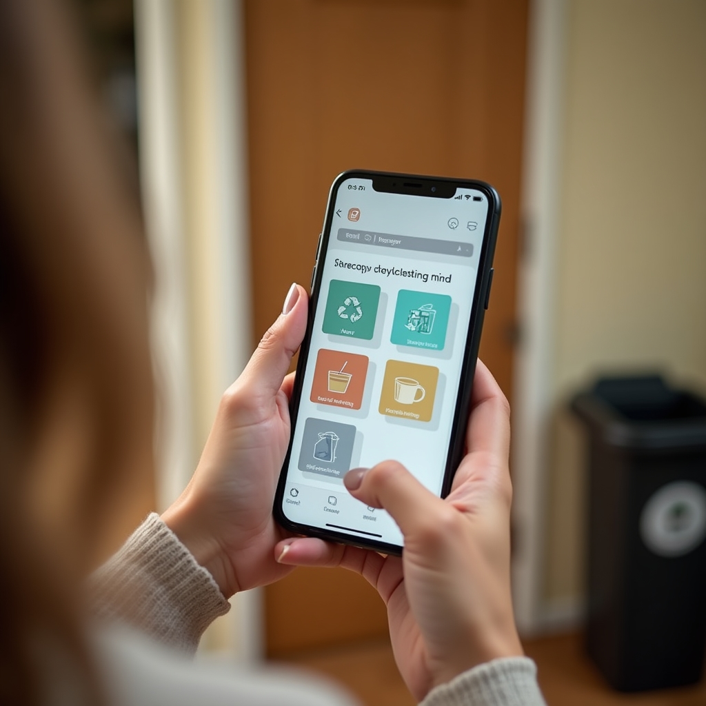 Detail rukou držících telefon s aplikací pro třídění odpadu